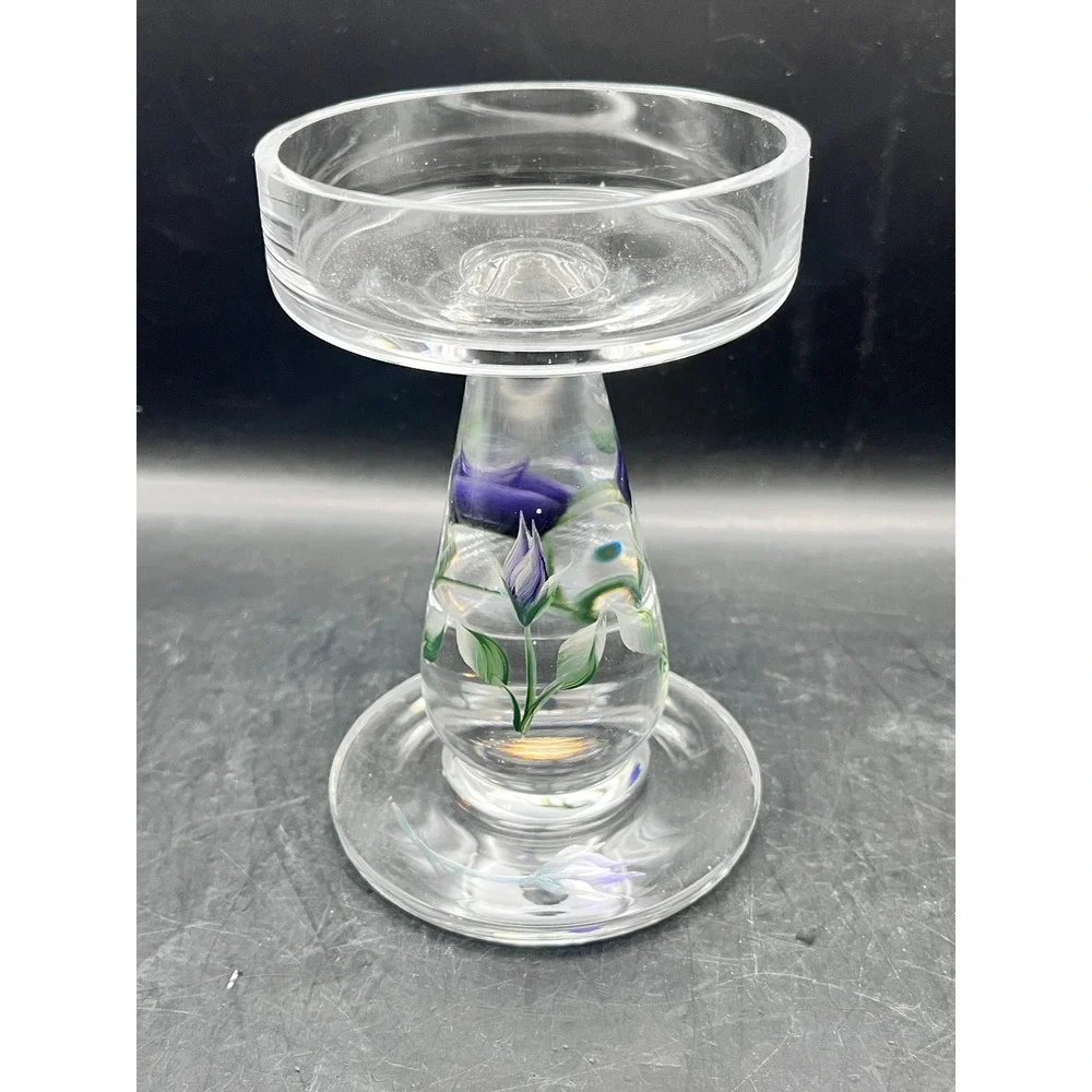 Vintage Clear Glass‎ Pillar Candle Holder Pedestal w/ Purple Flowers 5.5